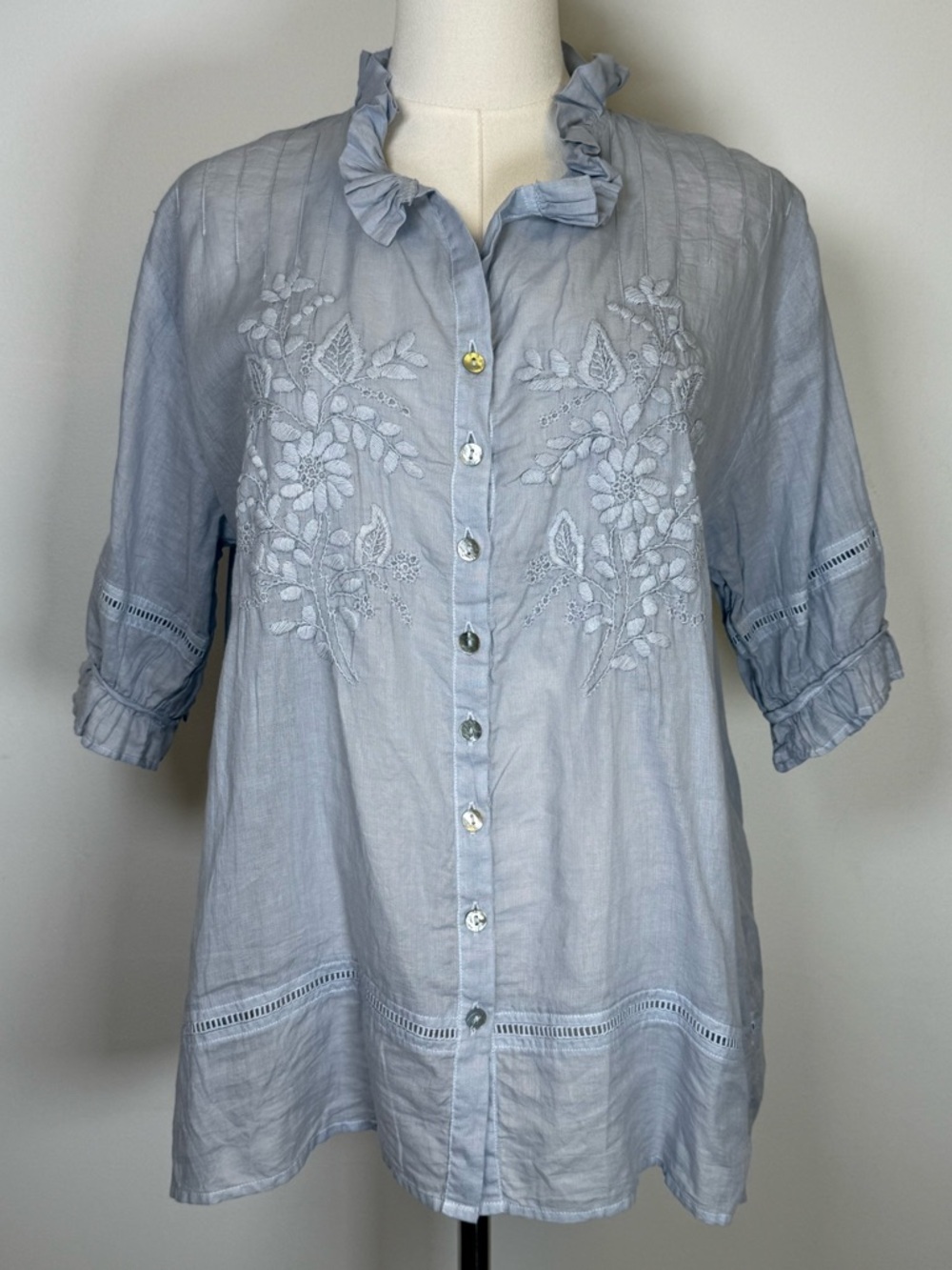 J.P. & Mattie ‘Sabine’ Cotton Hand Embroidered Ruffle Collar Shirt Women’s XS